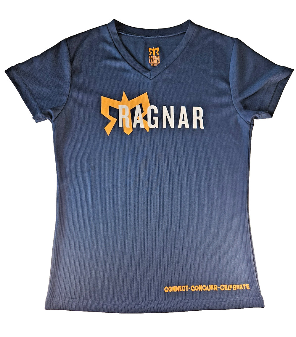 Ragnar Road Relay 2013 So. Cal. 195 Womenβs V-Neck T-Shirt Blue Size Medium